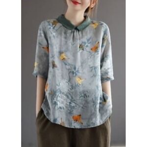 Soolinen Women Blue Short Sleeve Turn-Down Collar Blouse Top  Sz M - New